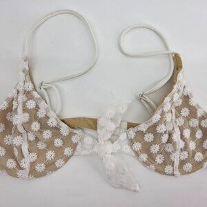 LPA White Daisy Lace Mesh Bikini Top Size L- Floral Applique Triangle Swim Top